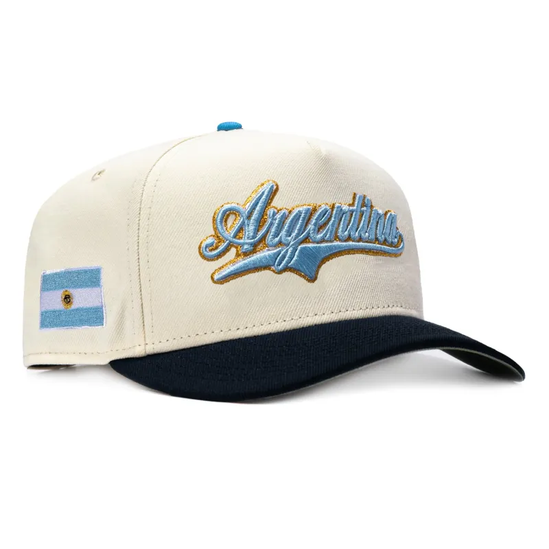 New Era 9Fifty A-Frame 2026 Del Mundo Argentina Flag Patch Script Snapback Pre-curved Hat - White, Navy made by New Era