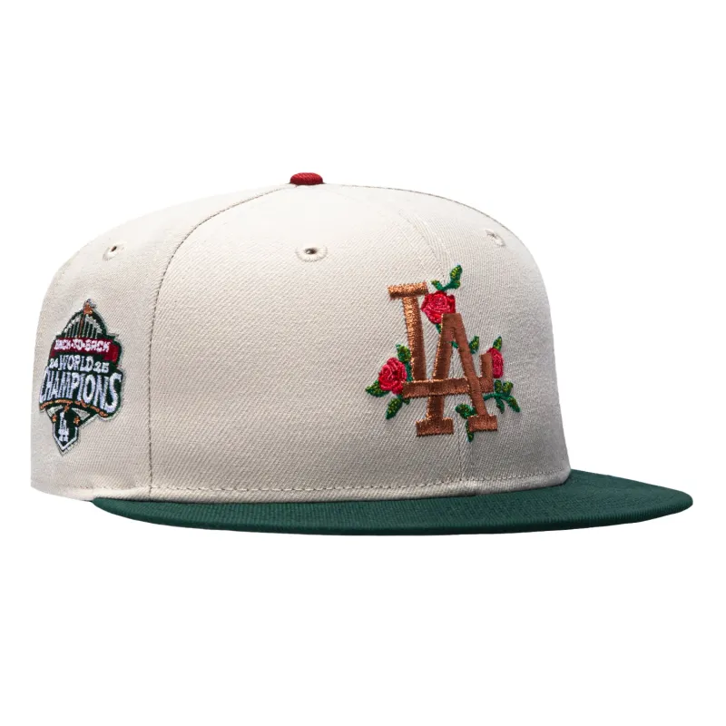 New Era 59Fifty Los Angeles Dodgers Back to Back Champions Patch Rose Hat - White, Green, Metallic Copper made by New Era