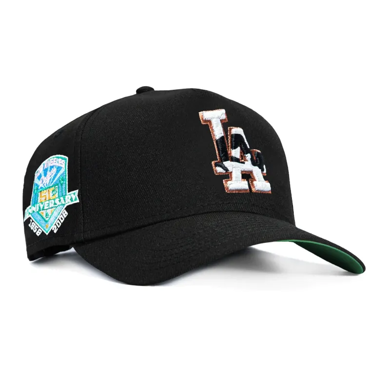 New Era 9Forty A-Frame Cowhide Los Angeles Dodgers 50th Anniversary Patch Snapback Hat - Black made by New Era
