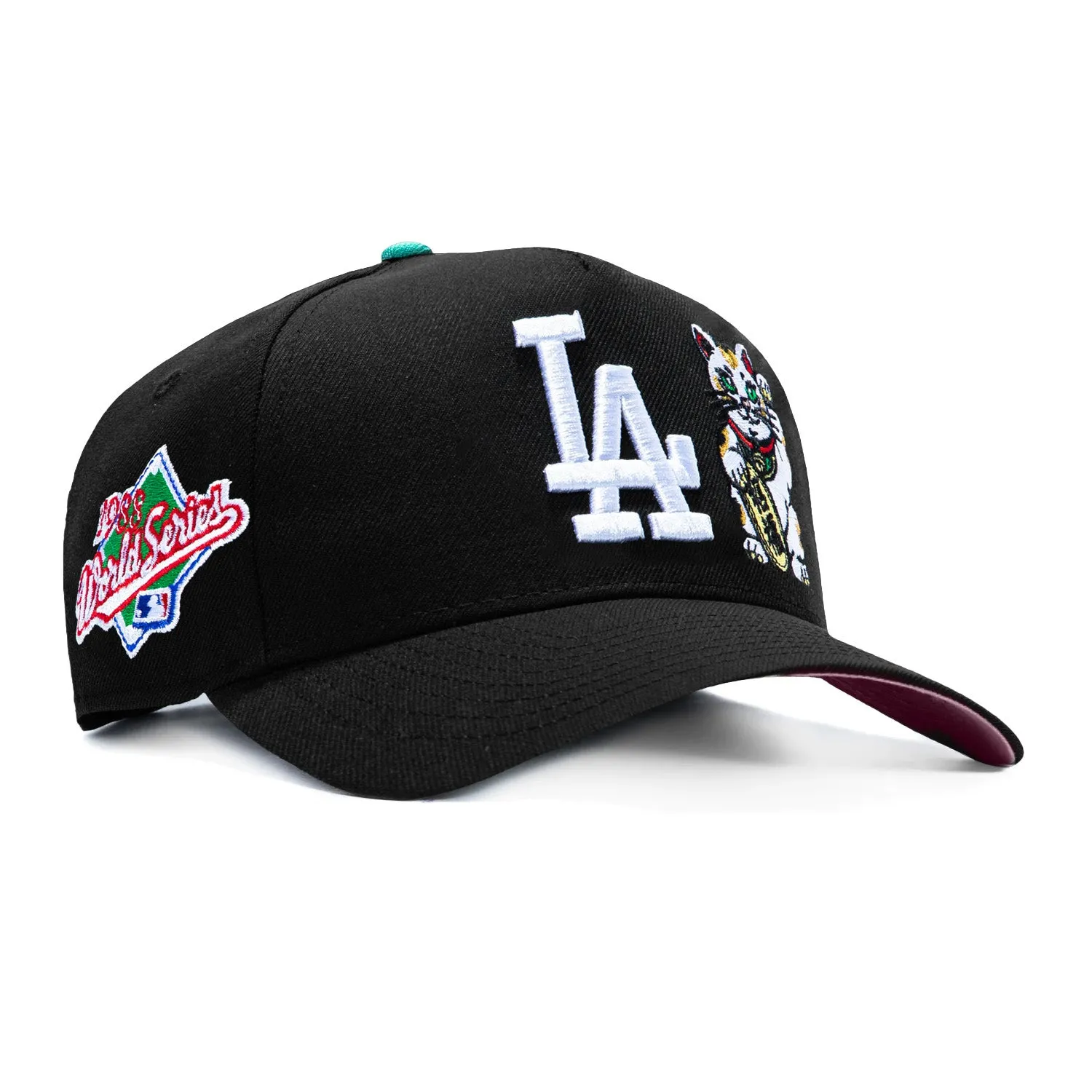New Era 9Forty A-Frame Los Angeles Dodgers 1988 World Series Patch Lucky Cat Pink UV Snapback Hat - Black sold by Hat Club