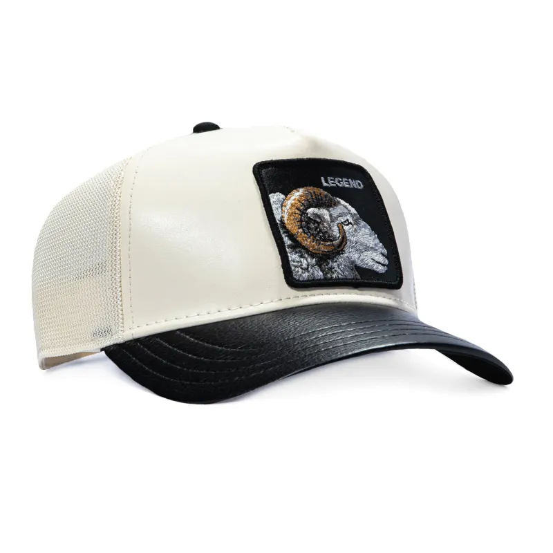 Goorin Bros Ram Legend Faux Leather Adjustable Snapback Trucker Hat - Stone, Black made by Goorin Bros