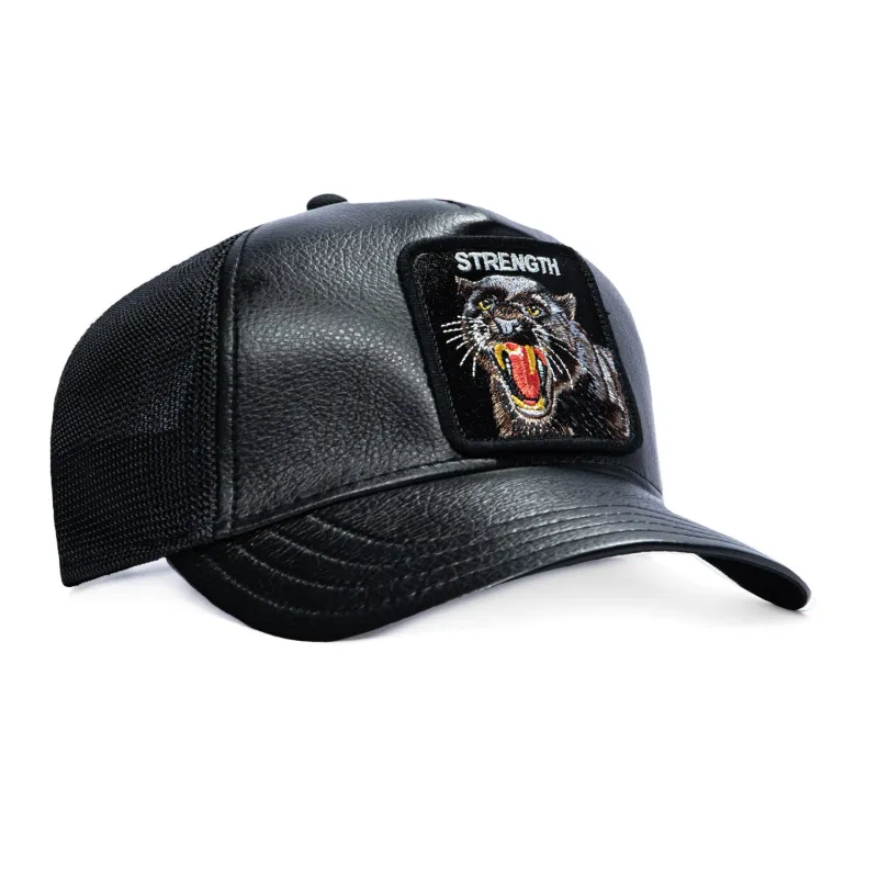 Goorin Bros Panther Strength Faux Leather Adjustable Snapback Trucker Hat - Black made by Goorin Bros