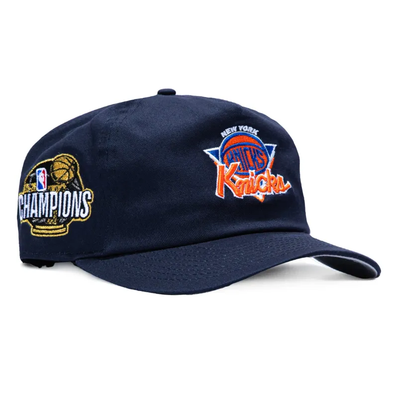 New Era 19Twenty New York Knicks 2026 NBA Champions Patch Overlap Script Snapback Pre-Curved Hat - Navy made by New Era