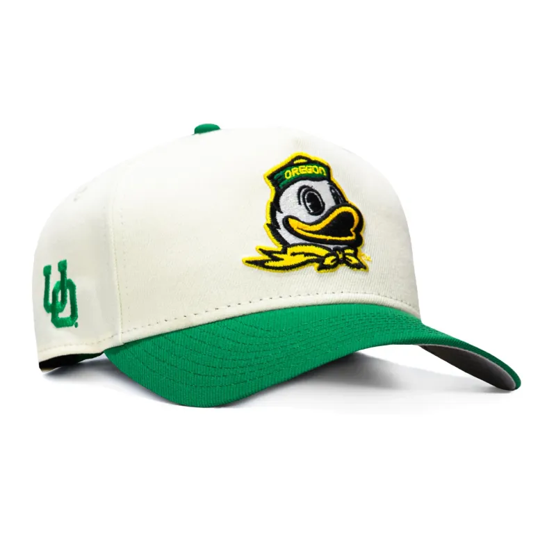 New Era 9Forty A-Frame Oregon Ducks Logo Patch Mascot Snapback Hat - White, Kelly Green made by New Era