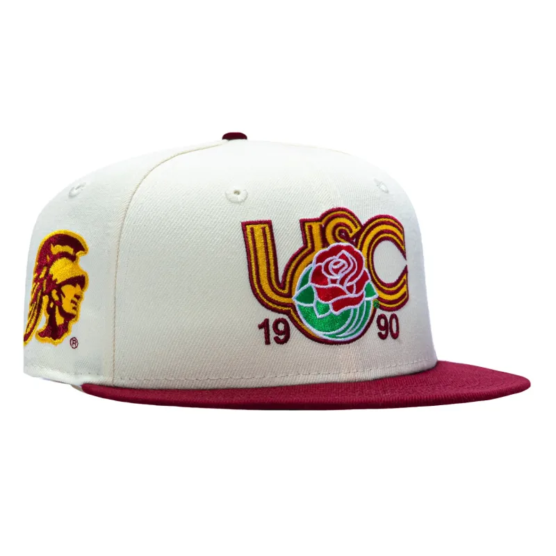 New Era 59Fifty USC Trojans Logo Patch 1990 Rose Bowl Hat - White, Cardinal made by New Era