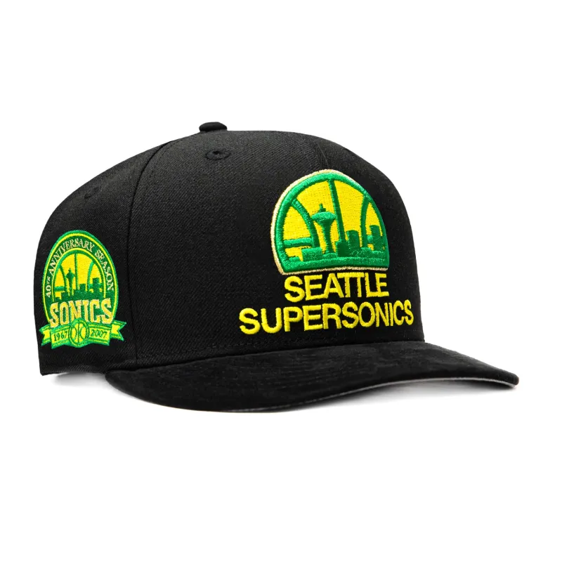 New Era 9Fifty Hardwood Classic Seattle Sonics 40th Anniversary Patch Snapback Pre-Curved Hat - Black, Gold made by New Era
