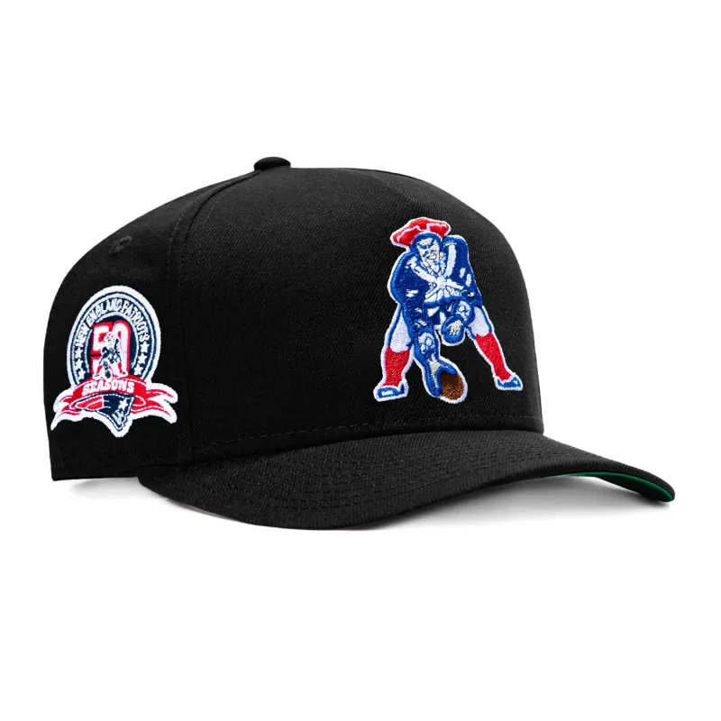 New Era 9Fifty A-Frame Black Dome New England Patriots 50th Anniversary Patch 1972 Snapback Pre-Curved Hat - Black made by New Era