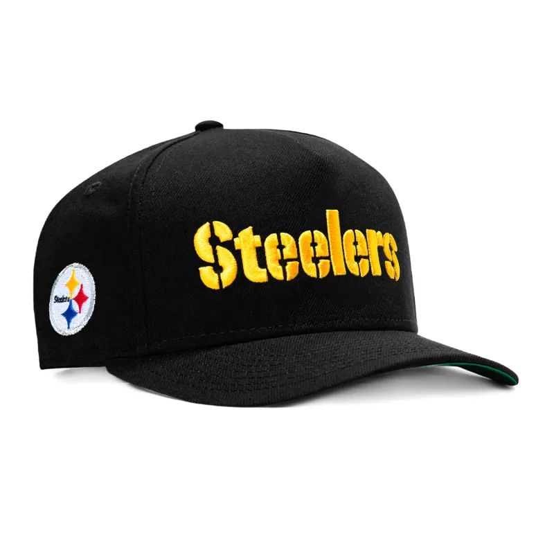 New Era 9Fifty A-Frame Black Dome Pittsburgh Steelers Logo Patch Word Snapback Pre-Curved Hat - Black made by New Era