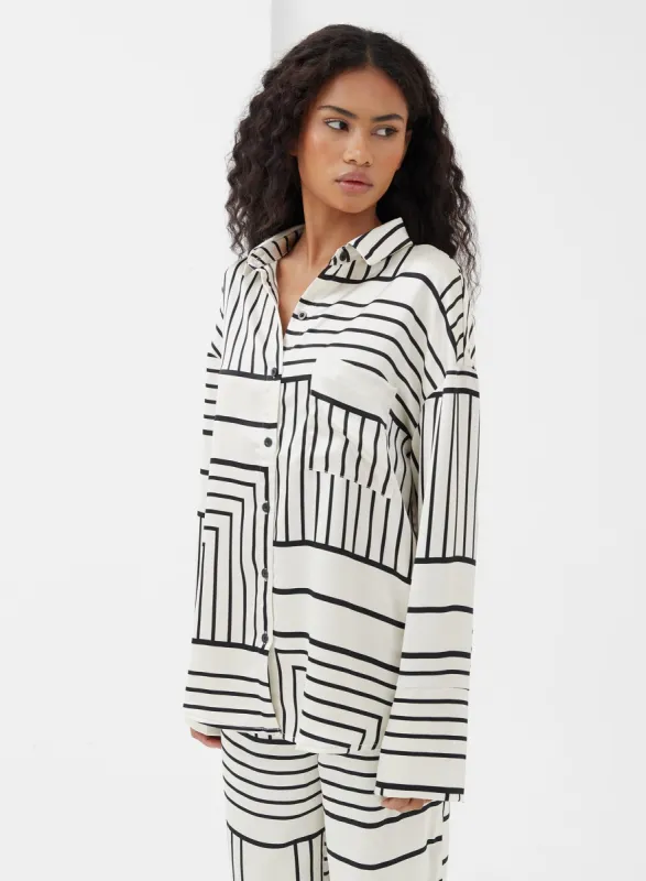 Cream And Black Abstract Satin Shirt - Norma sold by 4th and Reckless