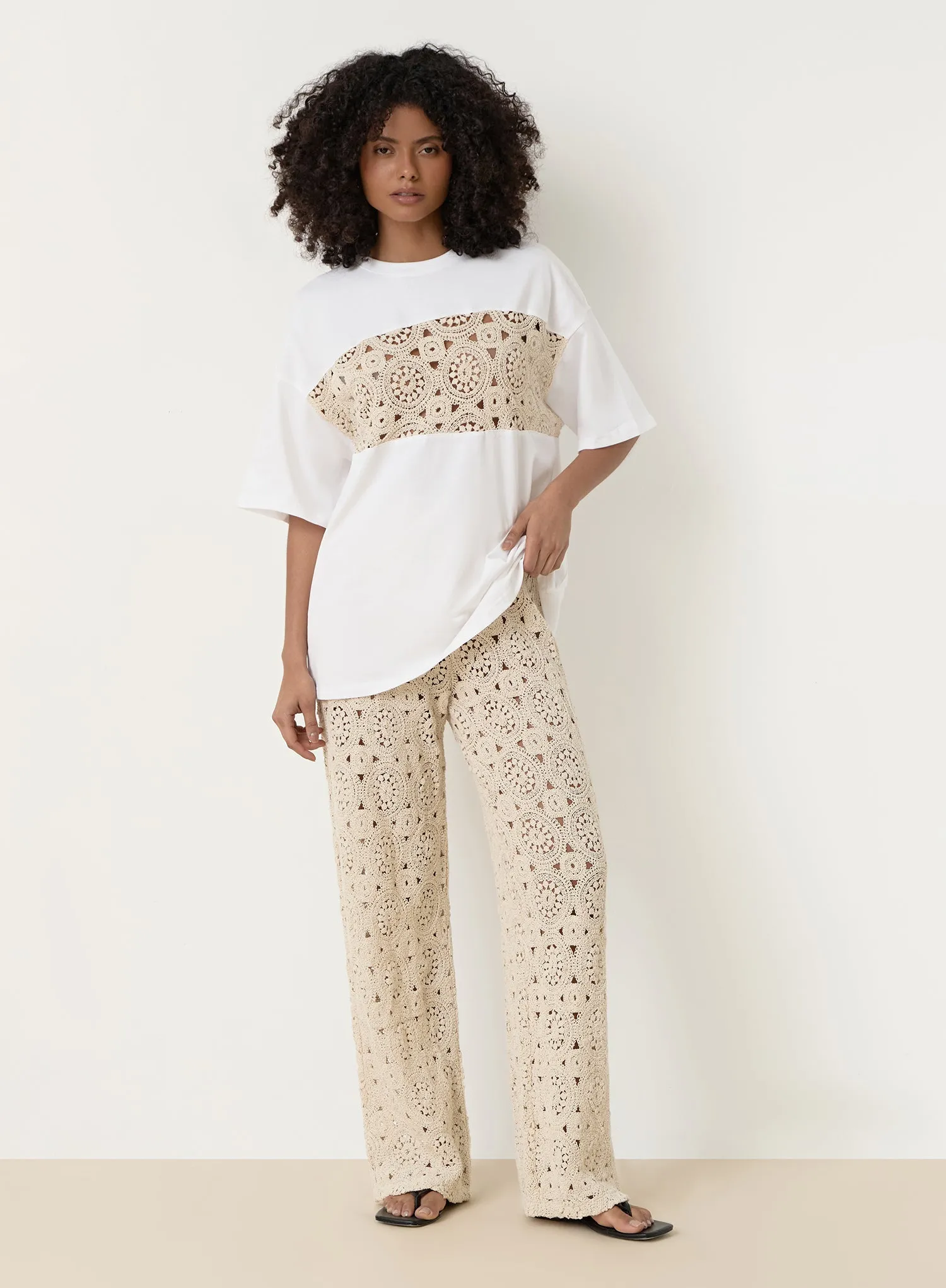 Cream Crochet Panel T-Shirt- Soleil sold by 4th and Reckless