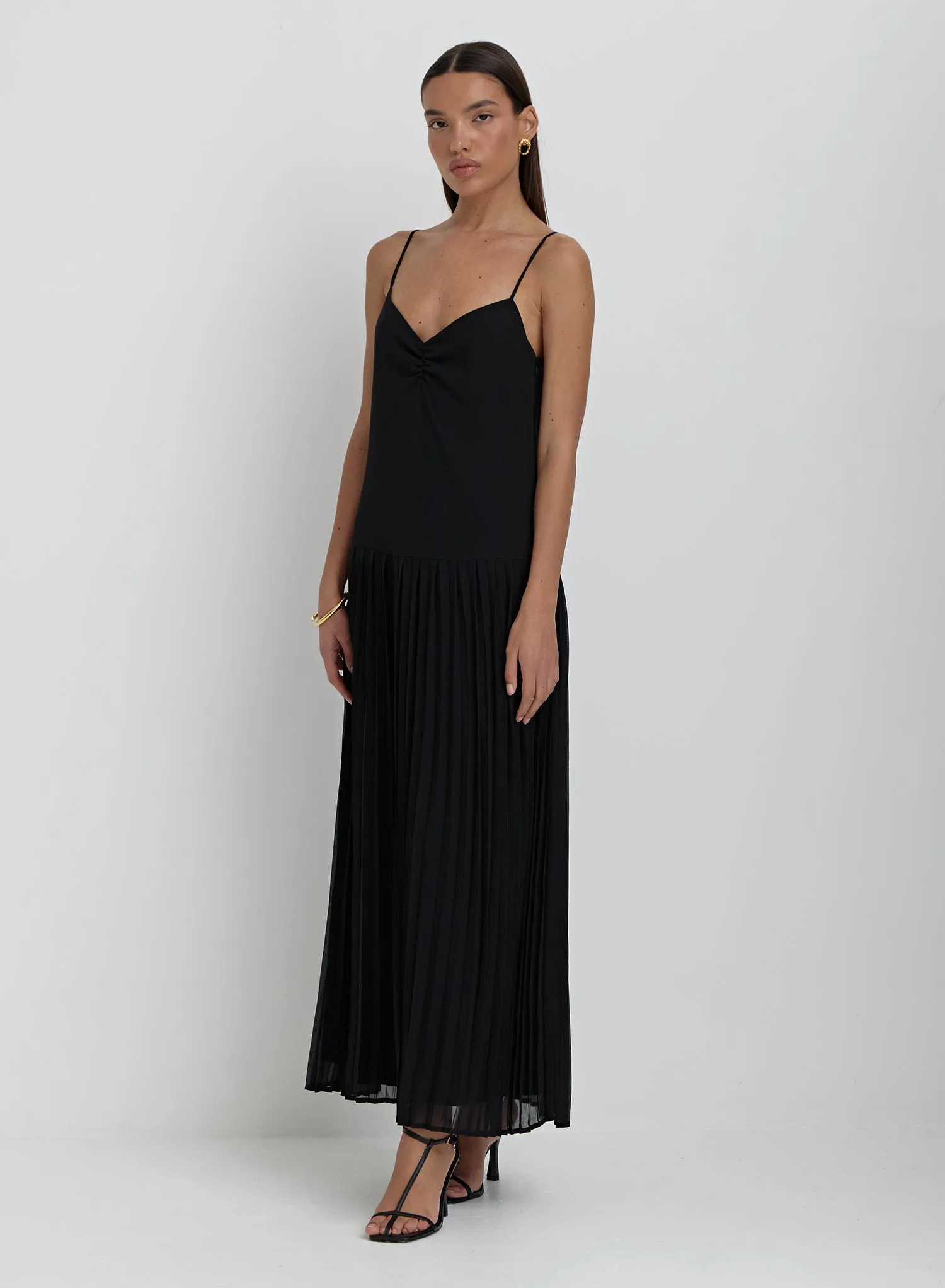 Black Pleated Cami Maxi Dress- Klara sold by 4th and Reckless