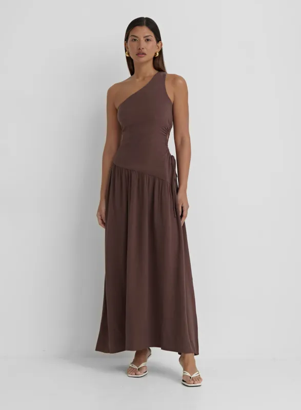 Brown Linen One Shoulder Cut Out Detail Dress- Clara sold by 4th and Reckless