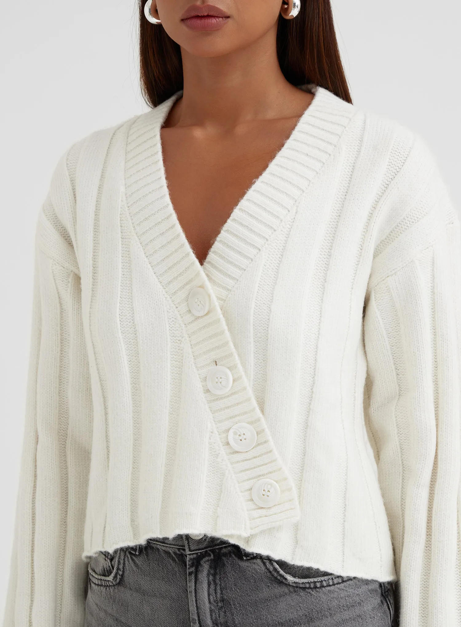 Cream Rib Knit Asymmetric Cardigan - Zora sold by 4th and Reckless product image thumbnail 3