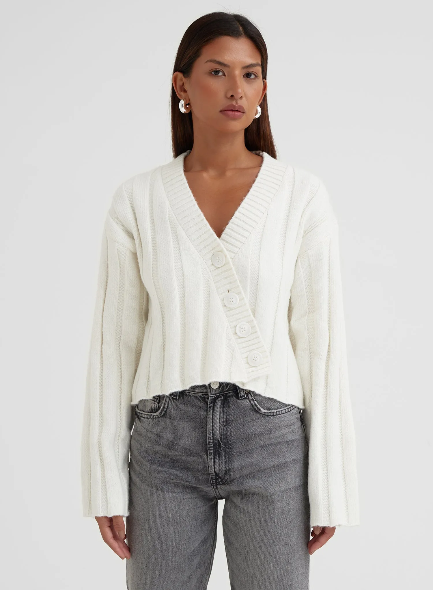 Cream Rib Knit Asymmetric Cardigan - Zora sold by 4th and Reckless