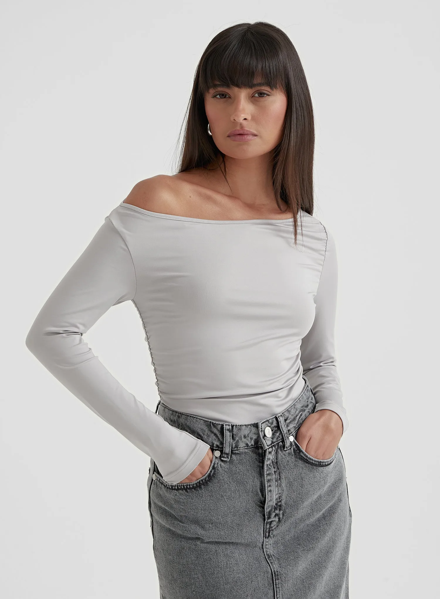 Grey Asymmetric Long Sleeve Top sold by 4th and Reckless
