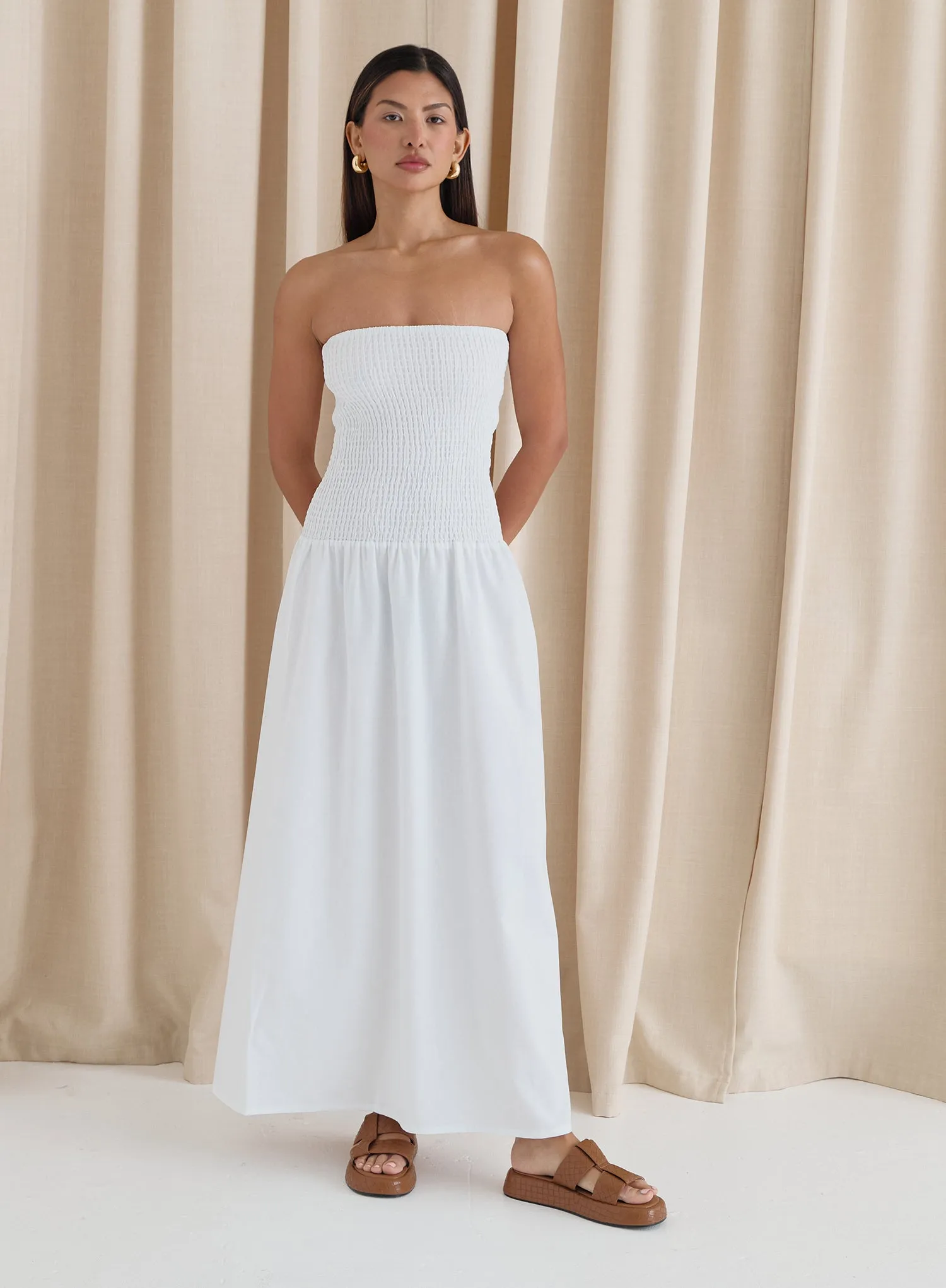White Shirred Bandeau Maxi Dress- Davina sold by 4th and Reckless
