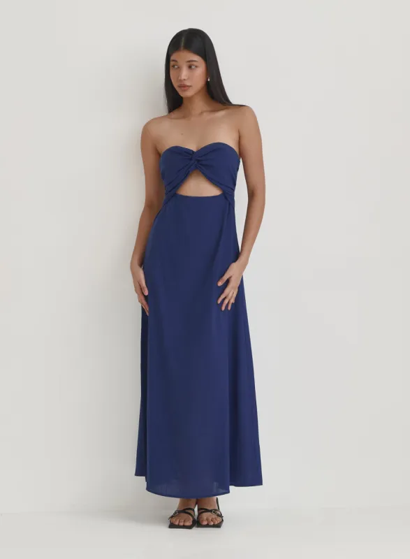 Blue Linen Maxi Cut Out Bandeau Dress- Lainey sold by 4th and Reckless