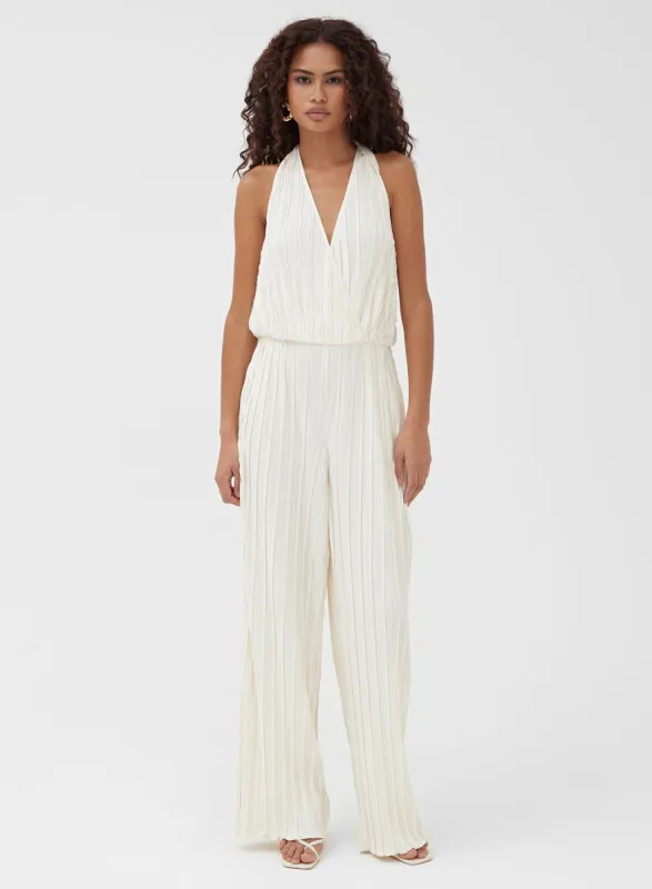 Cream Halterneck Plisse Wide Leg Jumpsuit - Jenna sold by 4th and Reckless