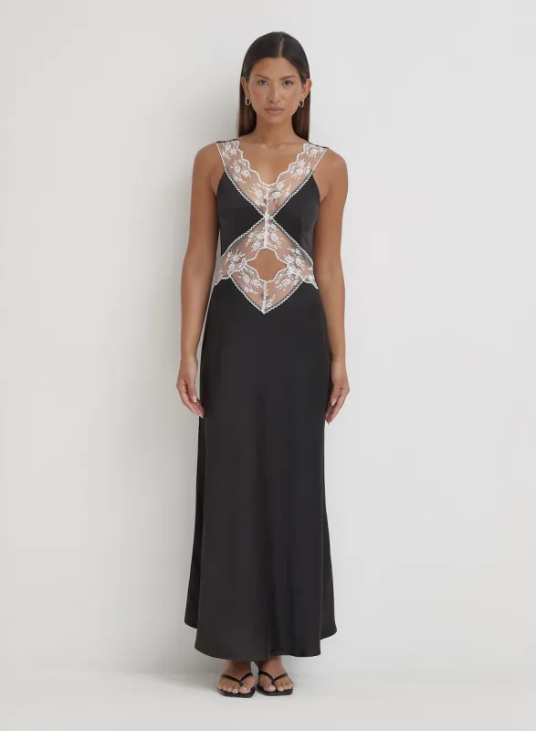 Black Satin Lace Slip Dress- Kelsey sold by 4th and Reckless