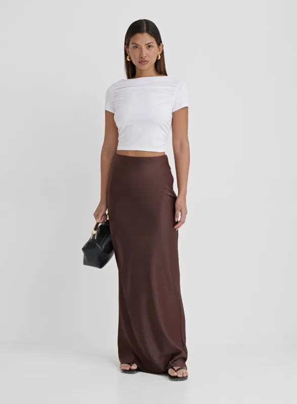 Chocolate Brown Satin Maxi Skirt- Novah sold by 4th and Reckless