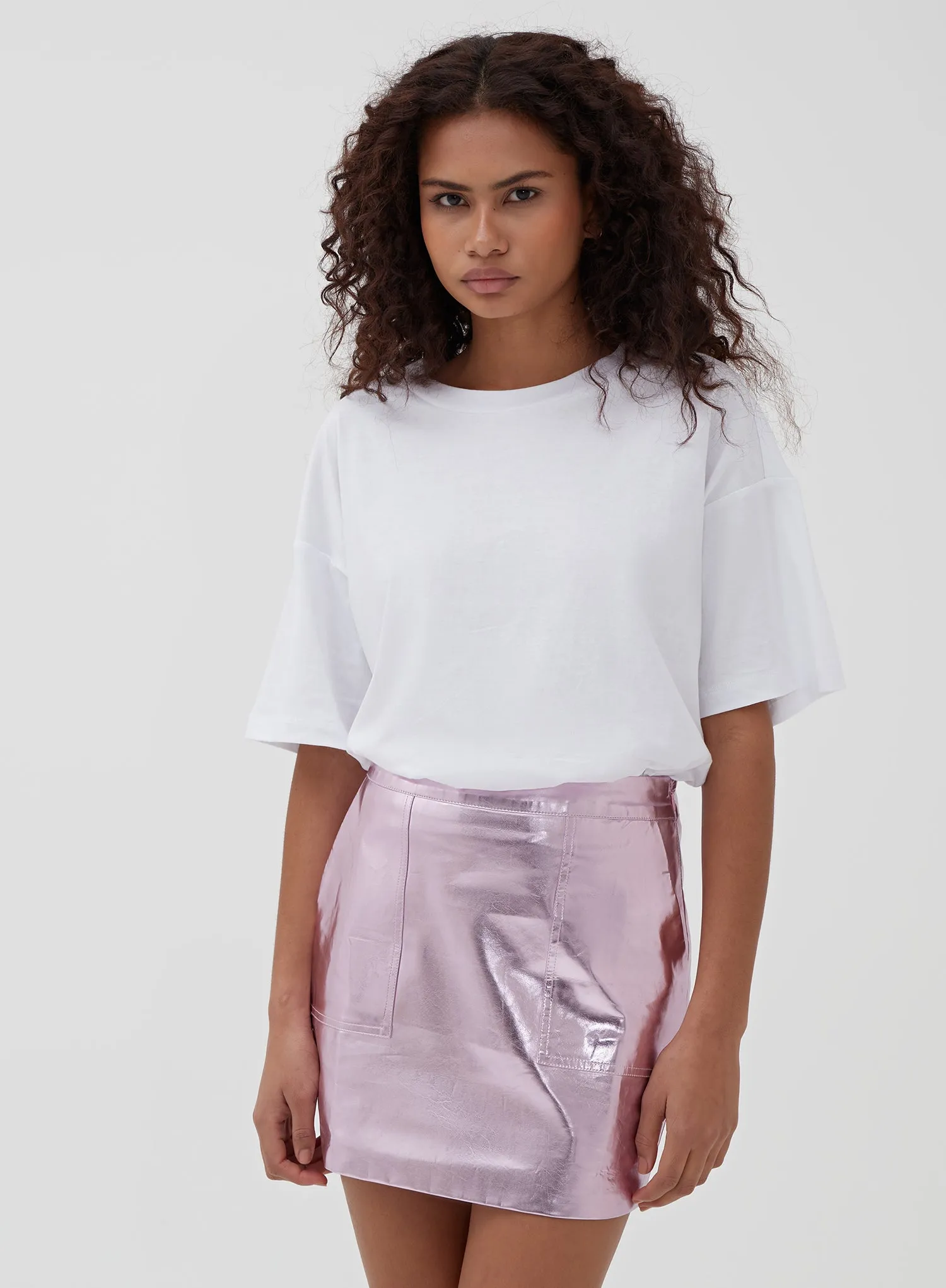 Pink Metallic Faux Leather Mini Skirt - Kiki sold by 4th and Reckless product image thumbnail 2