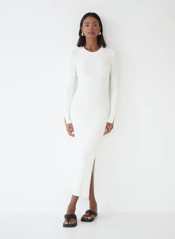 White Knitted Split Detail Midi Dress - Kalea sold by 4th and Reckless
