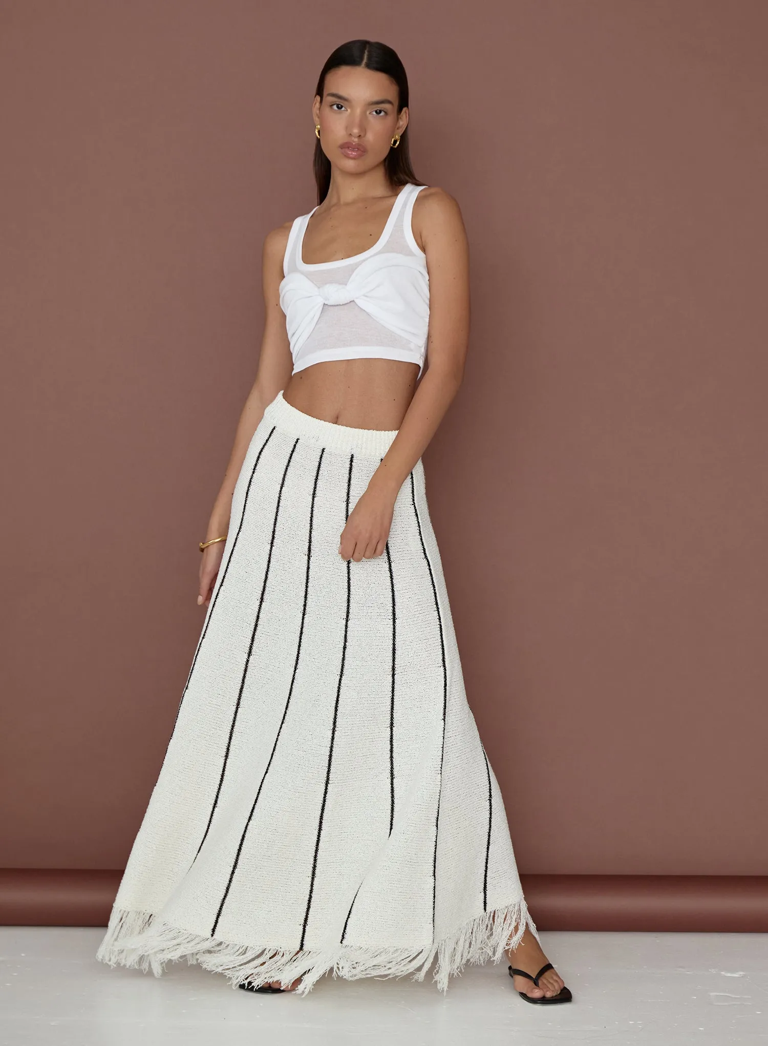【直営・関税送料込】Bandana midi skirt Cream And Black Stripe Knit Fringe Hem Skirt- Dakora | Parallel