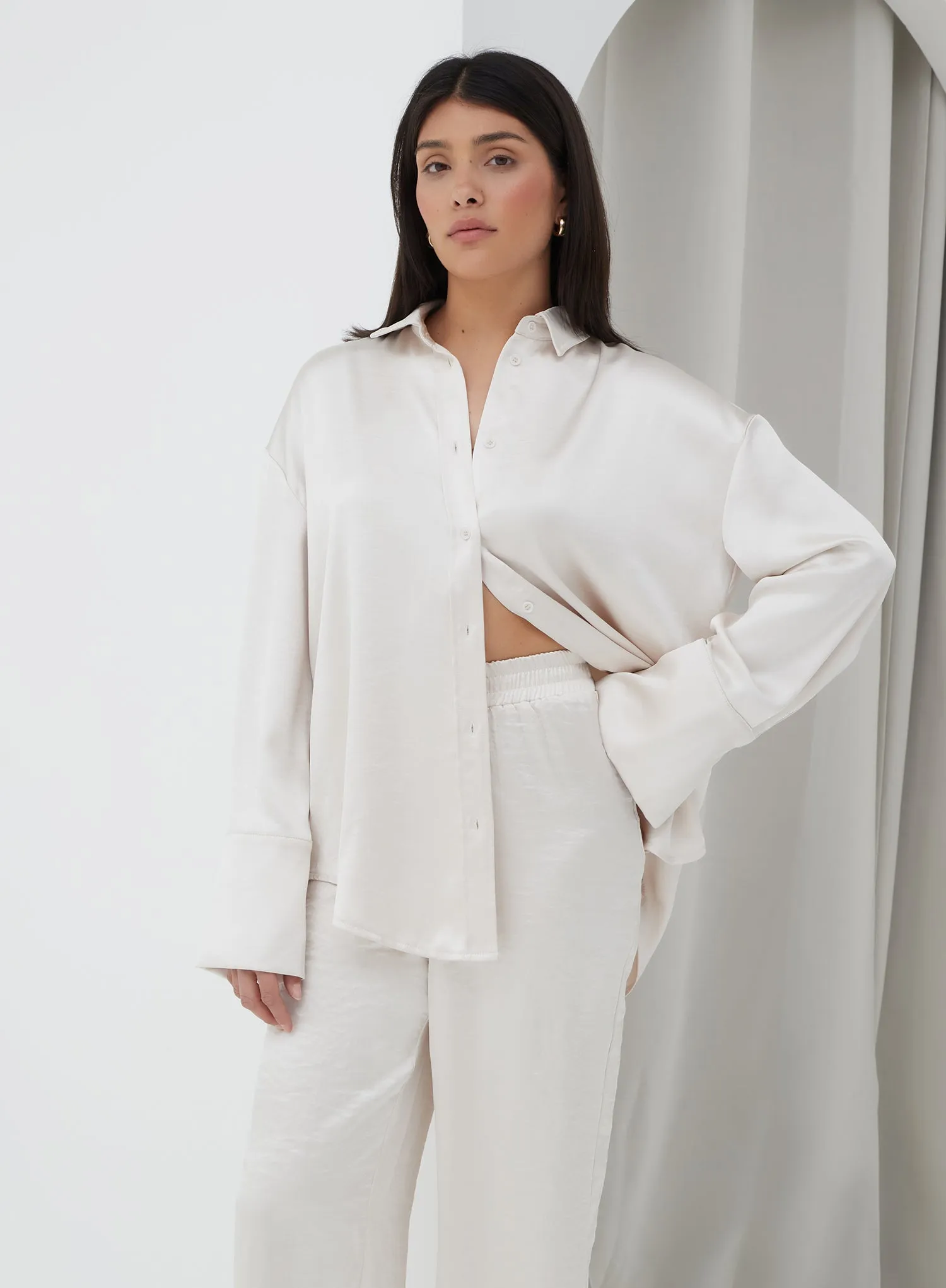 Cream Oversized Satin Shirt – Alex sold by 4th and Reckless