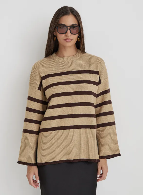 Camel Striped Boxy Knitted Jumper - Cleo sold by 4th and Reckless