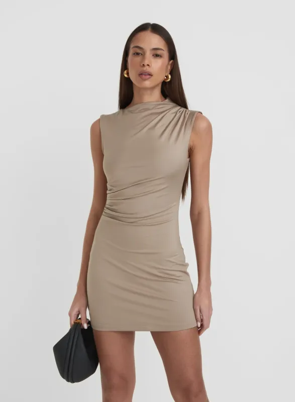 Mocha Ruched Jersey Mini Dress- Senya sold by 4th and Reckless