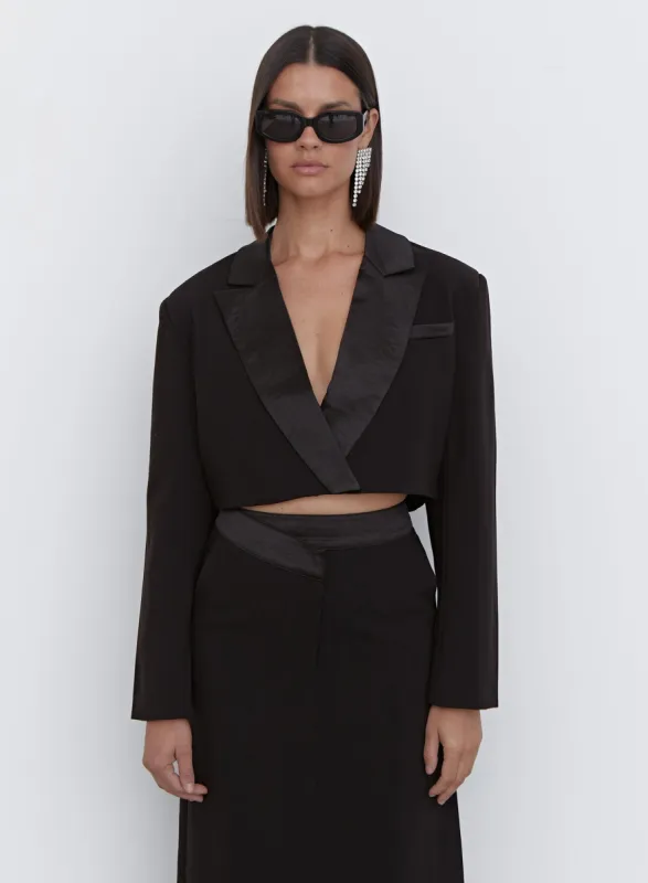 Black Satin Collar Cropped Blazer - Balva sold by 4th and Reckless