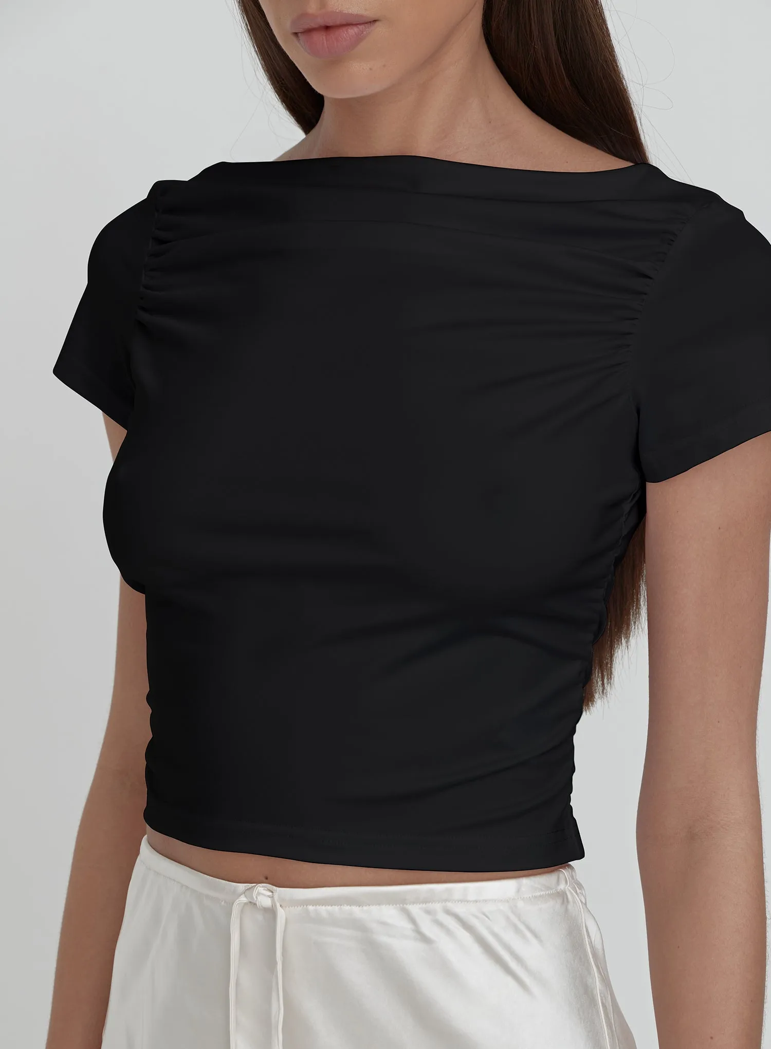 Black Ruched Jersey Cropped T-shirt sold by 4th and Reckless product image thumbnail 3