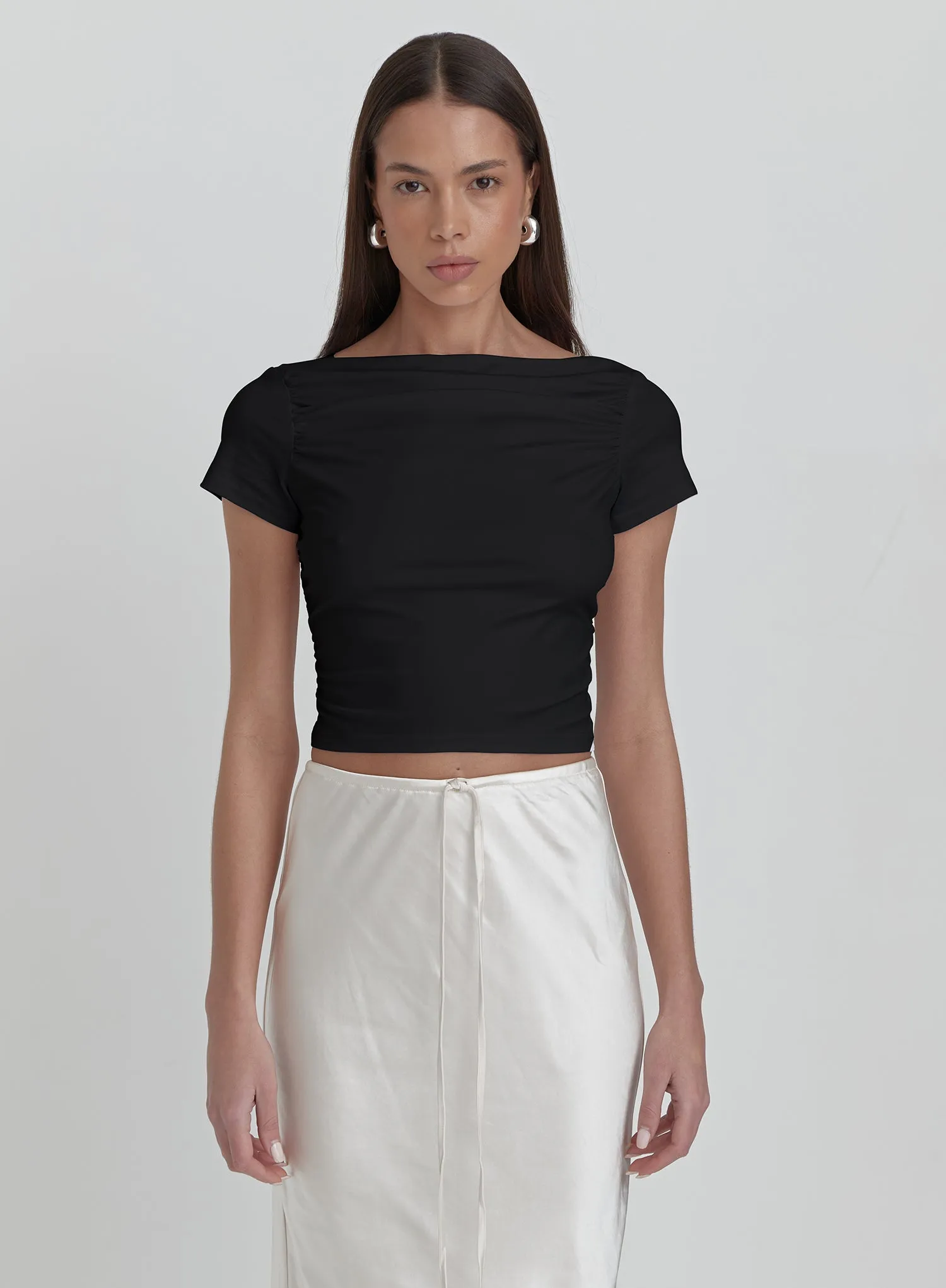 Black Ruched Jersey Cropped T-shirt sold by 4th and Reckless