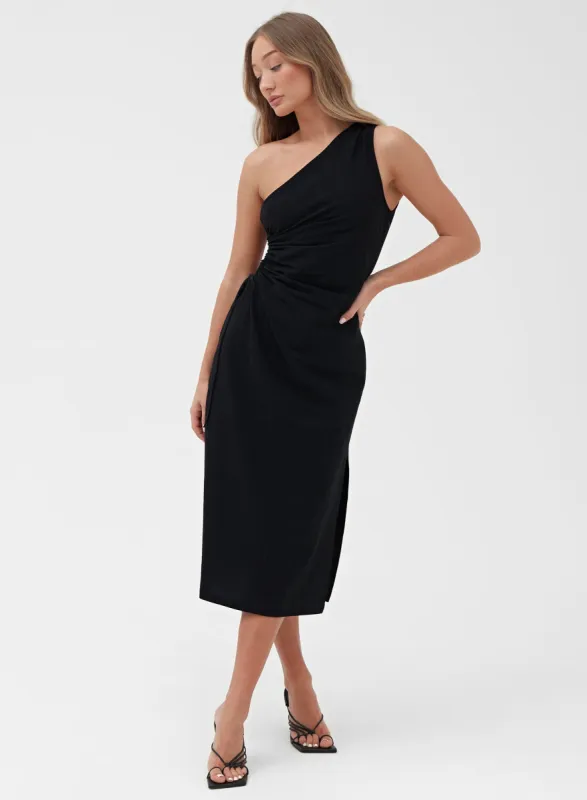Black One Shoulder Linen Midi Dress - Indra sold by 4th and Reckless