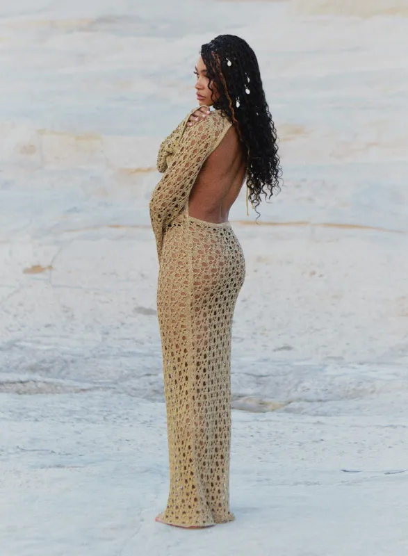 Gold Metallic Knit Open Back Maxi Dress – Loz sold by 4th and Reckless