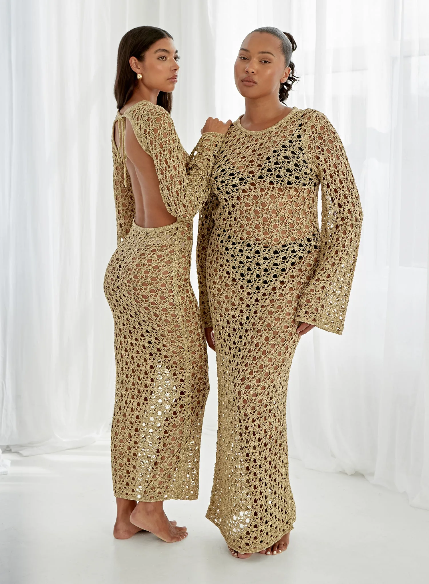 Gold Metallic Knit Open Back Maxi Dress  Loz | Parallel