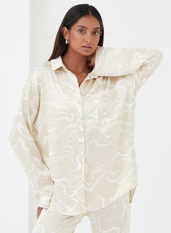 Beige Abstract Line Satin Shirt - Norma sold by 4th and Reckless