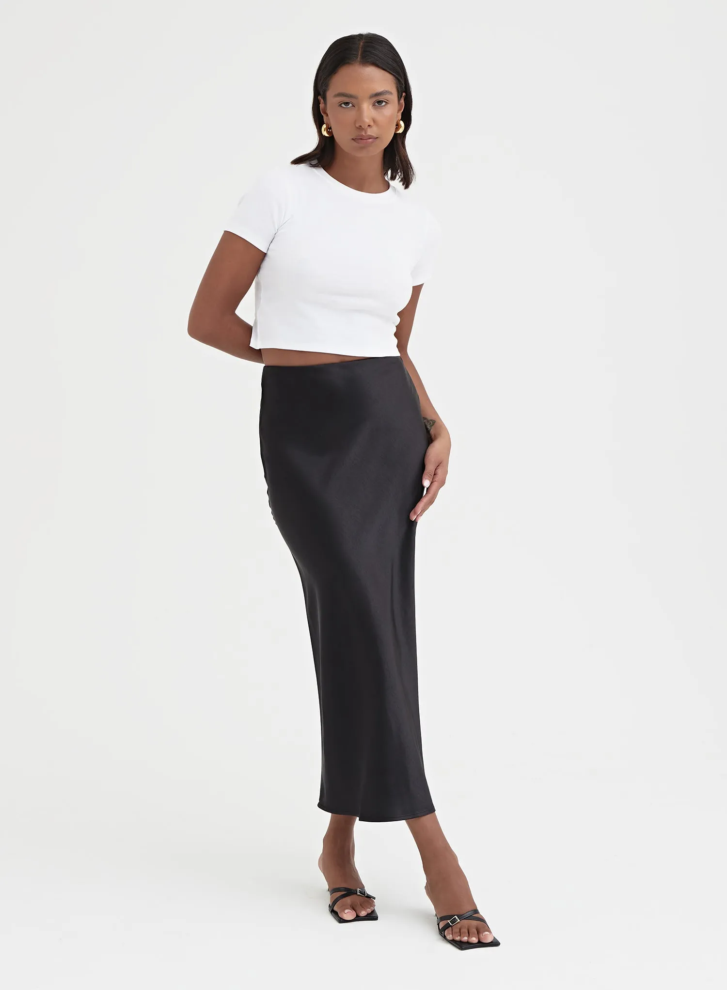 Black Satin Midaxi Skirt - Novah sold by 4th and Reckless