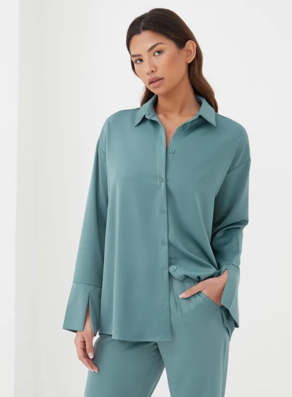 Blue Split Cuff Satin Shirt - Elina sold by 4th and Reckless