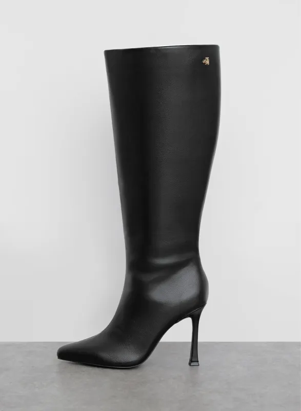 Black Faux Leather Knee High Heeled Boot - Amelie sold by 4th and Reckless