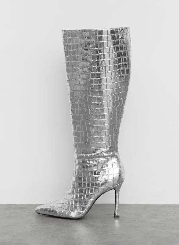 Silver Metallic Croc Knee High Heeled Boot - Amelie sold by 4th and Reckless
