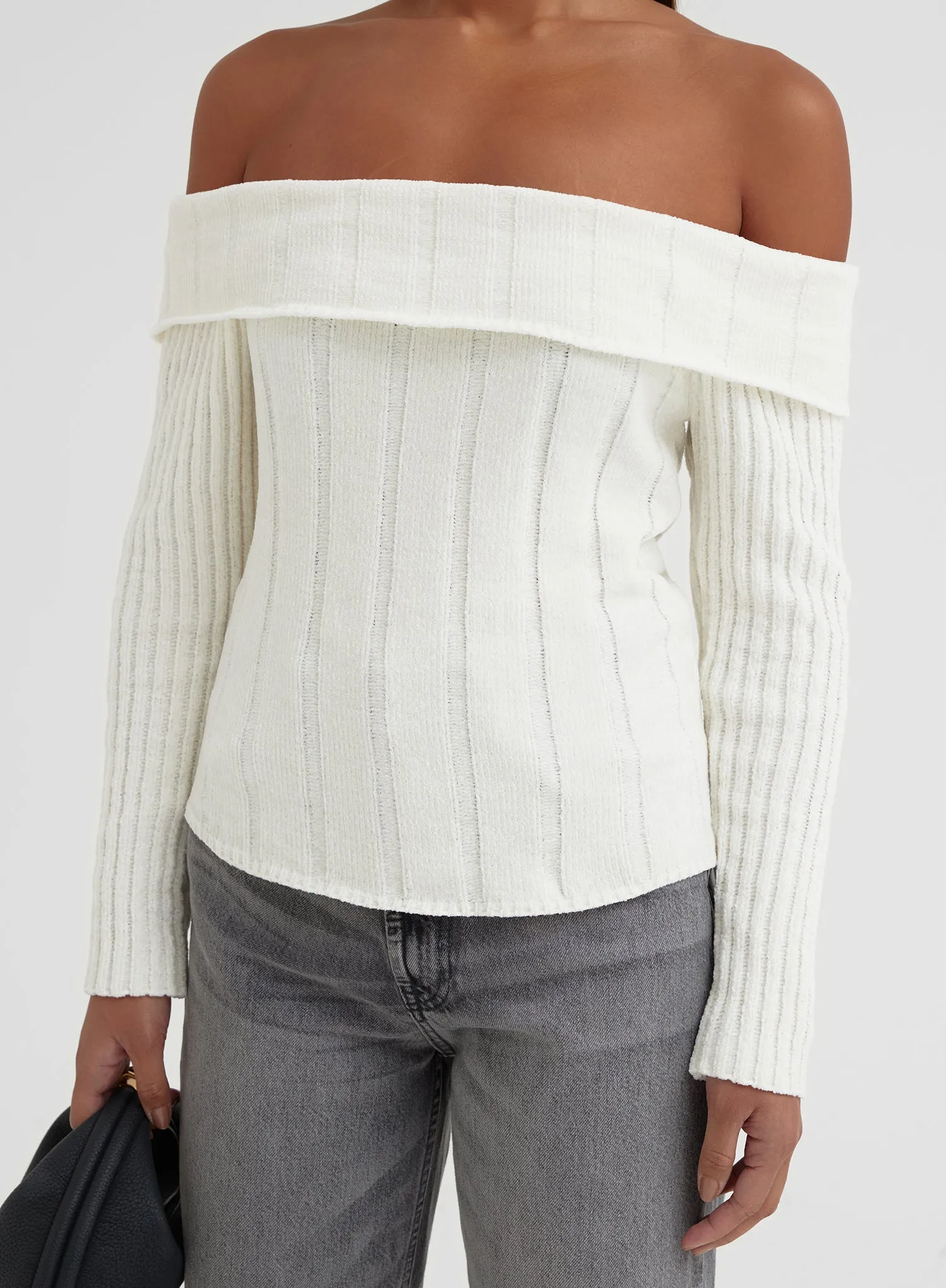 White Knitted Foldover Bardot Top - Allegra sold by 4th and Reckless product image thumbnail 3