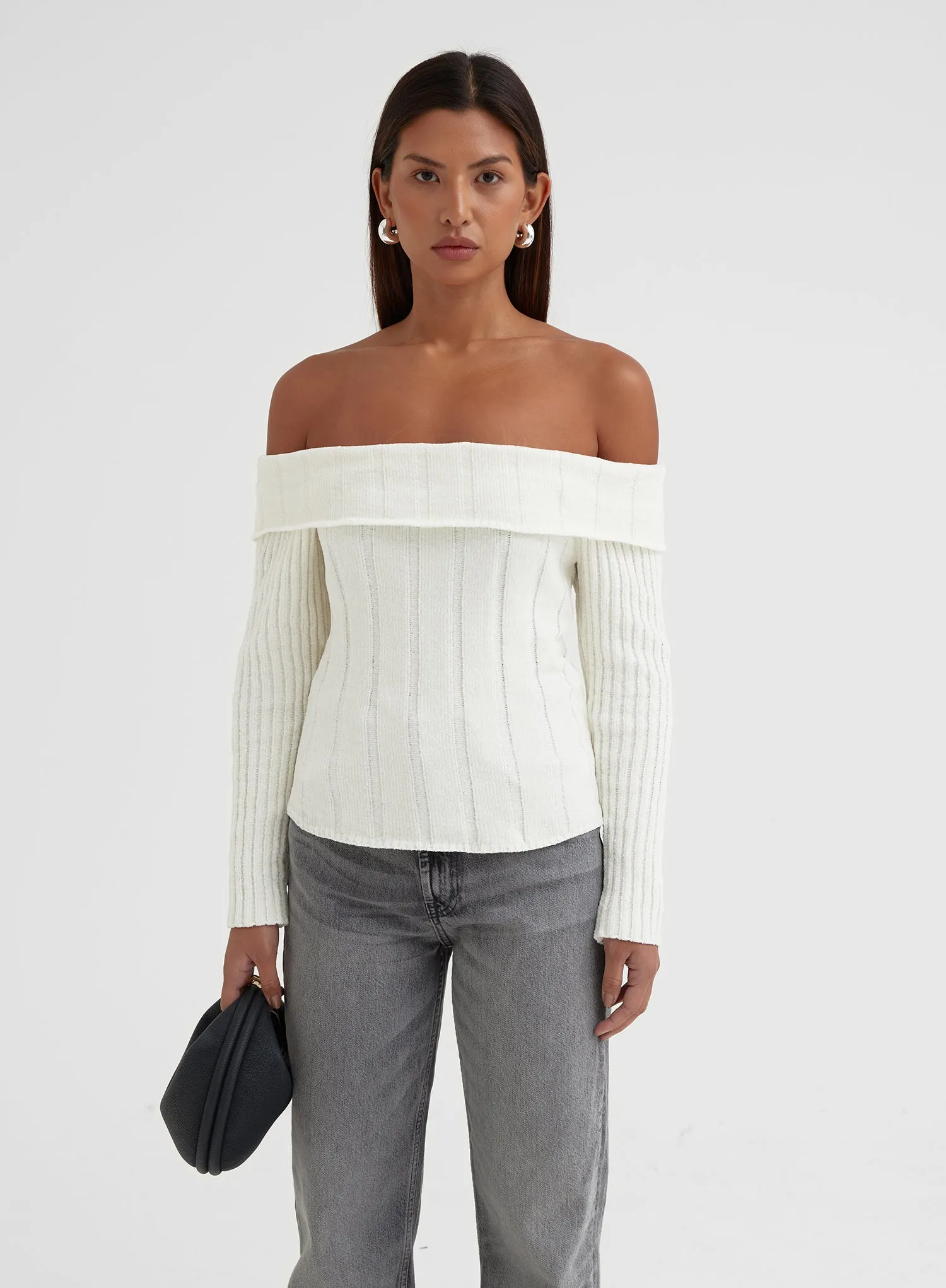 White Knitted Foldover Bardot Top - Allegra sold by 4th and Reckless