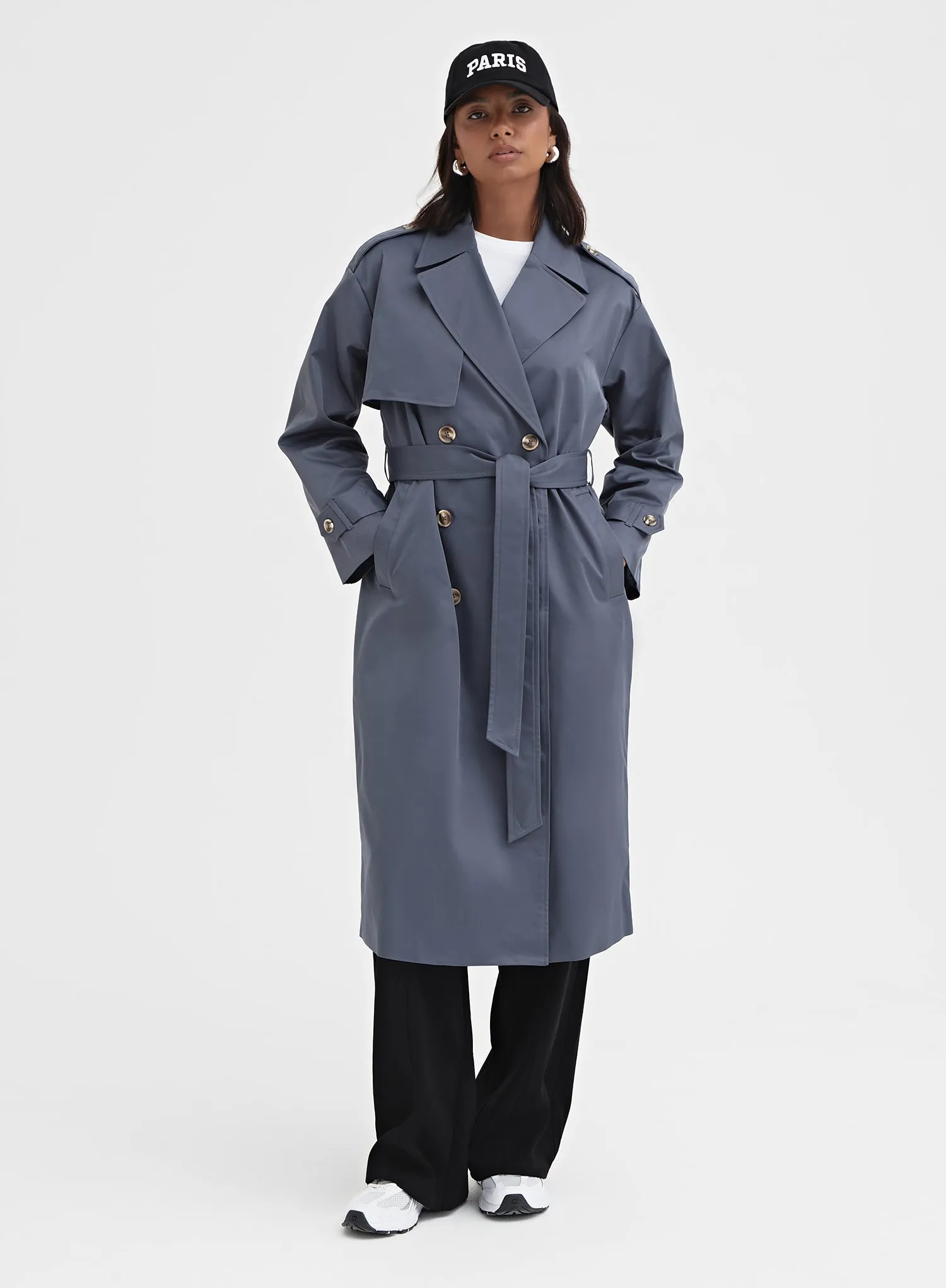 Slate Blue Belted Trench Coat - Lille sold by 4th and Reckless