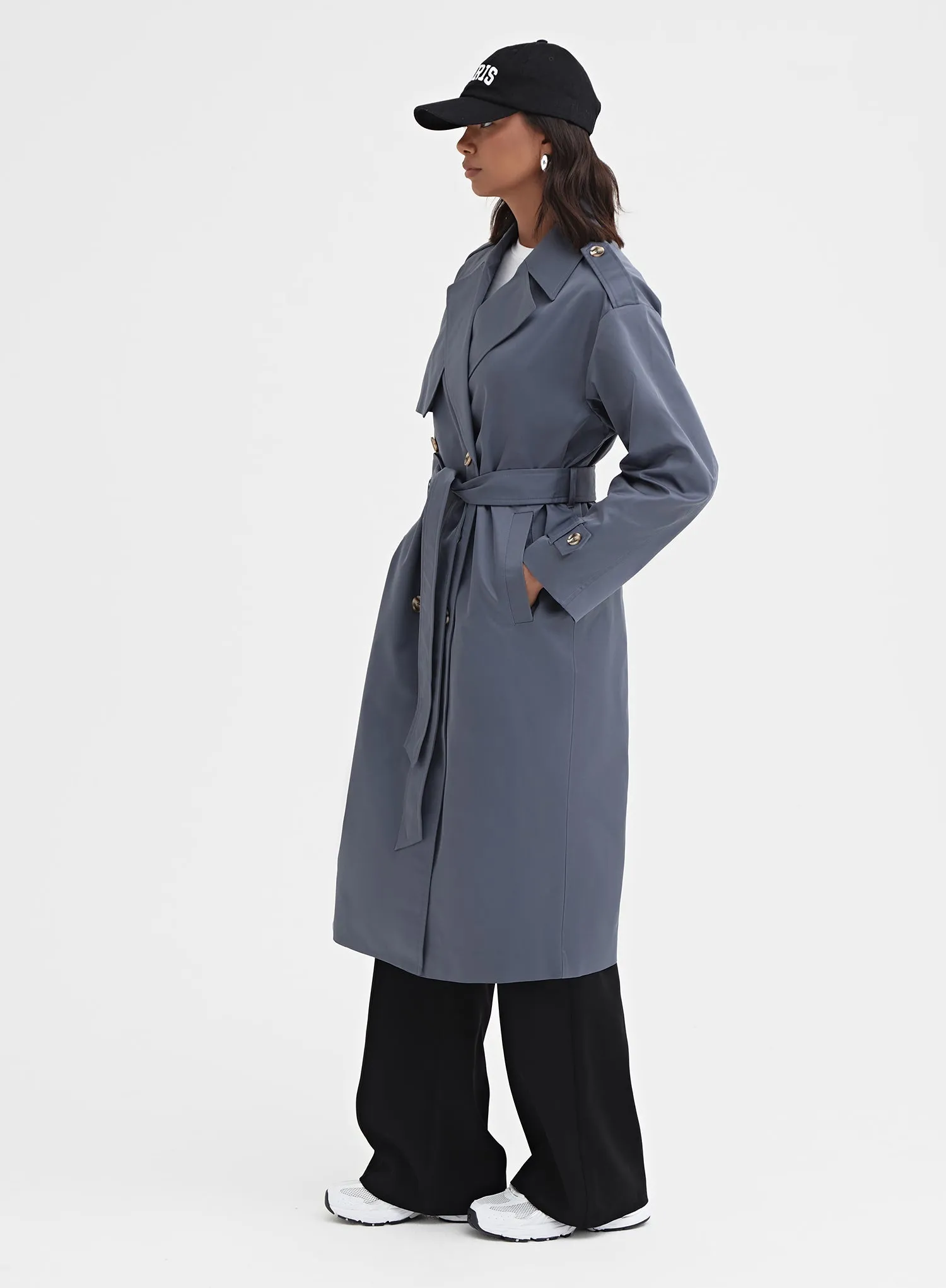 Slate Blue Belted Trench Coat - Lille sold by 4th and Reckless product image thumbnail 3