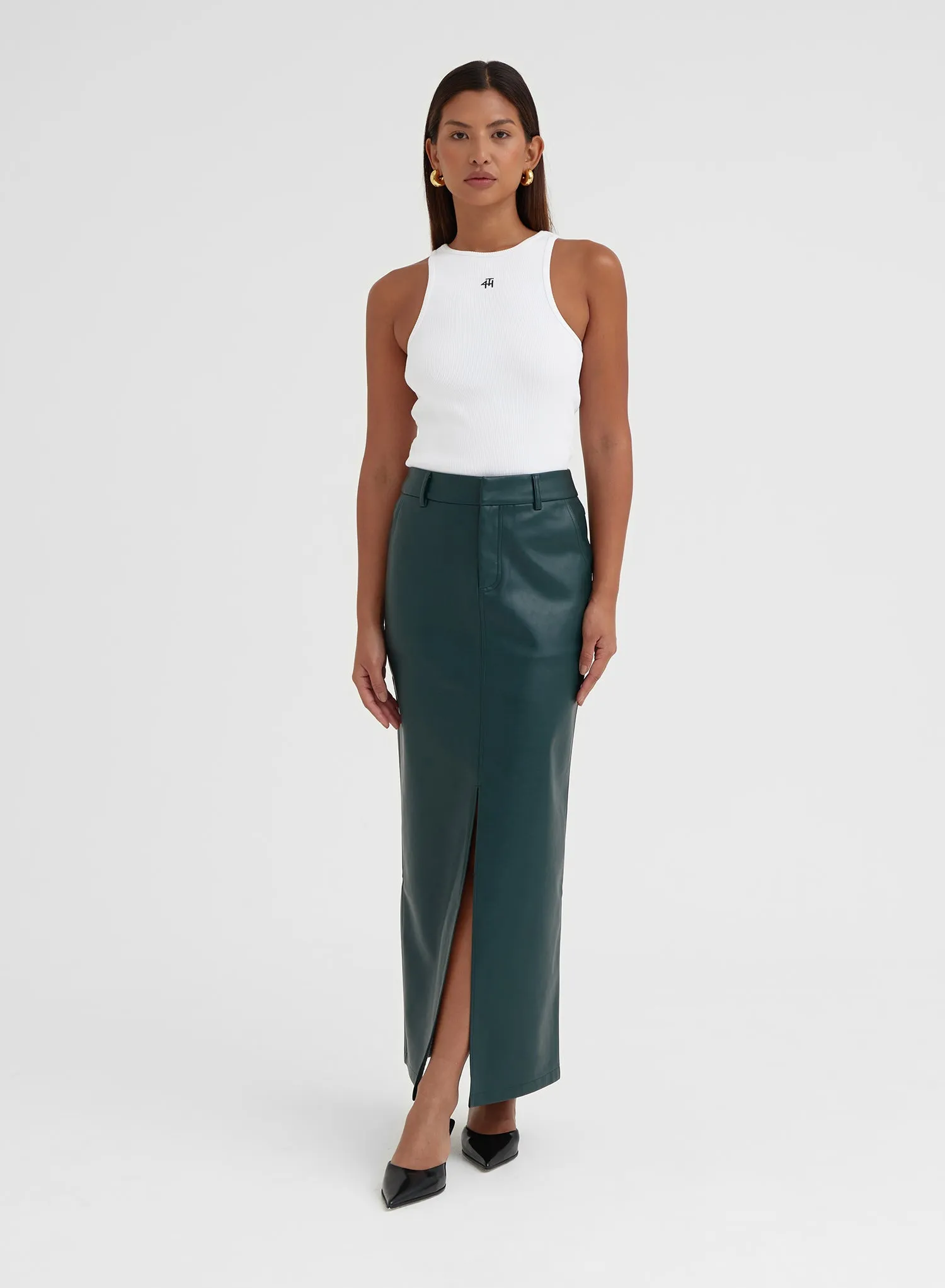 Green Split Front Faux Leather Midaxi Skirt - Nimah sold by 4th and Reckless