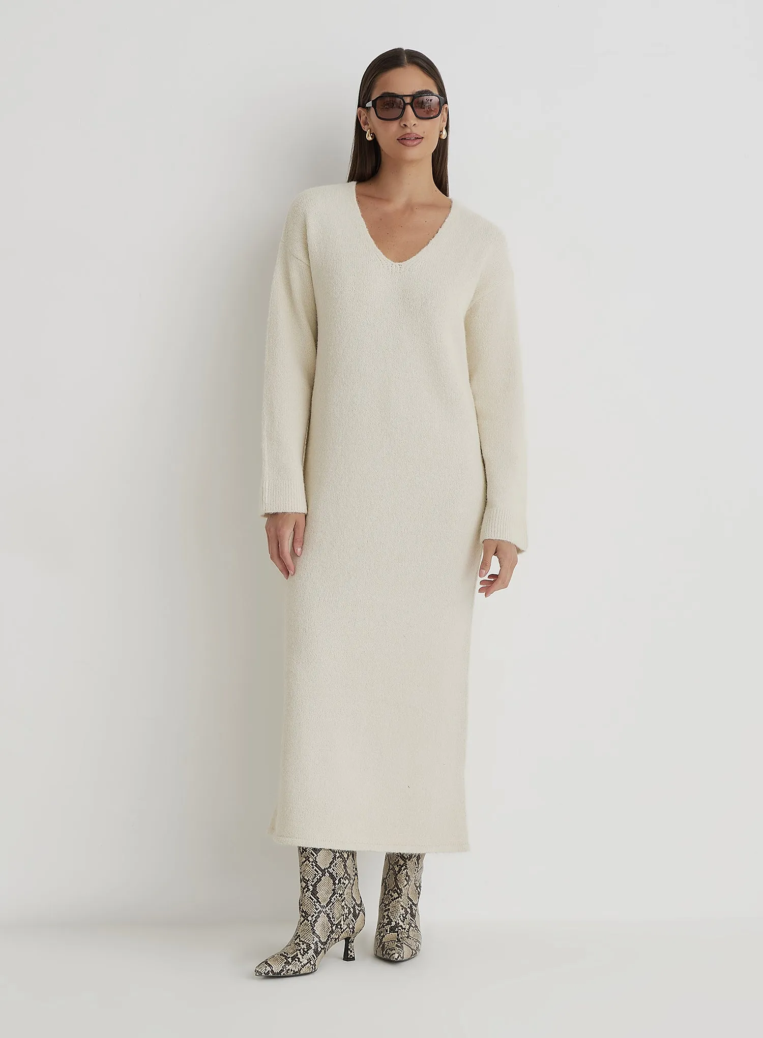 Cream V Neck Knitted Maxi Dress sold by 4th and Reckless