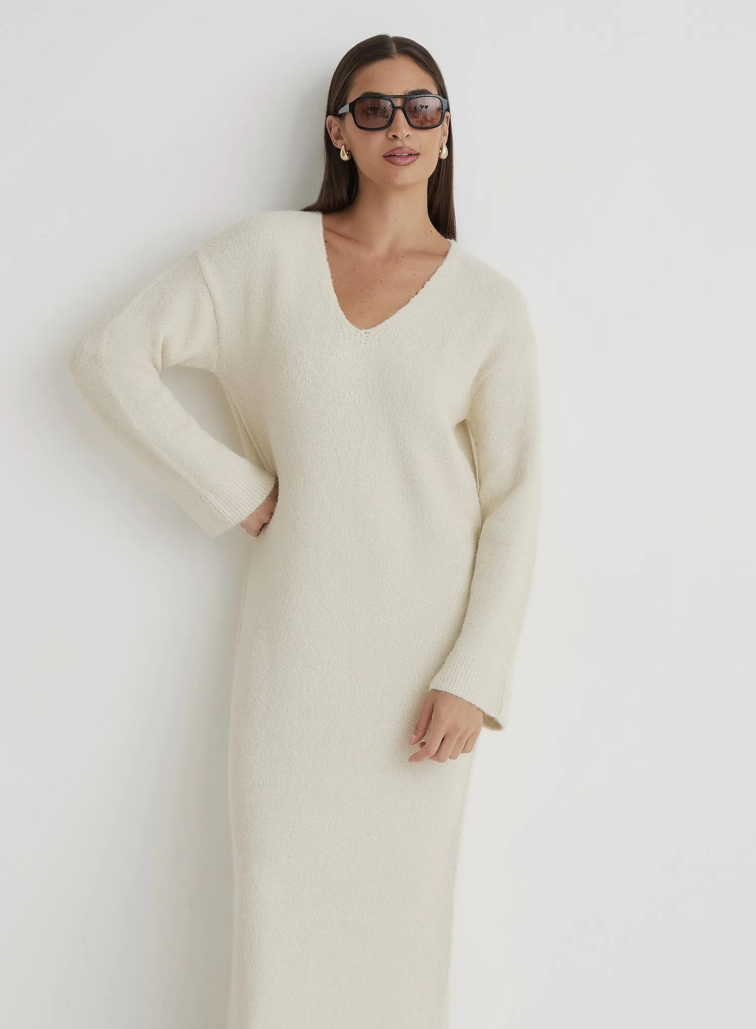 Cream V Neck Knitted Maxi Dress sold by 4th and Reckless product image thumbnail 2