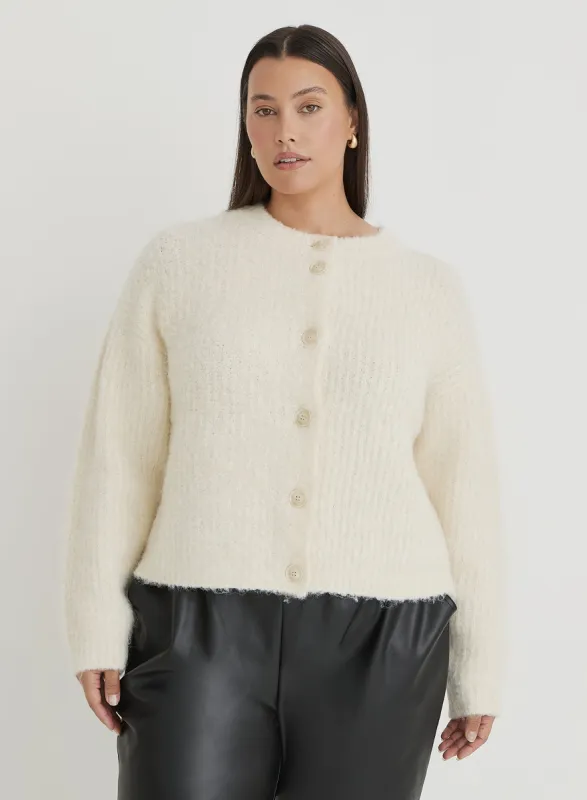 Cream Plus Size Fluffy Knit Crew Neck Cardigan- Kinsley sold by 4th and Reckless
