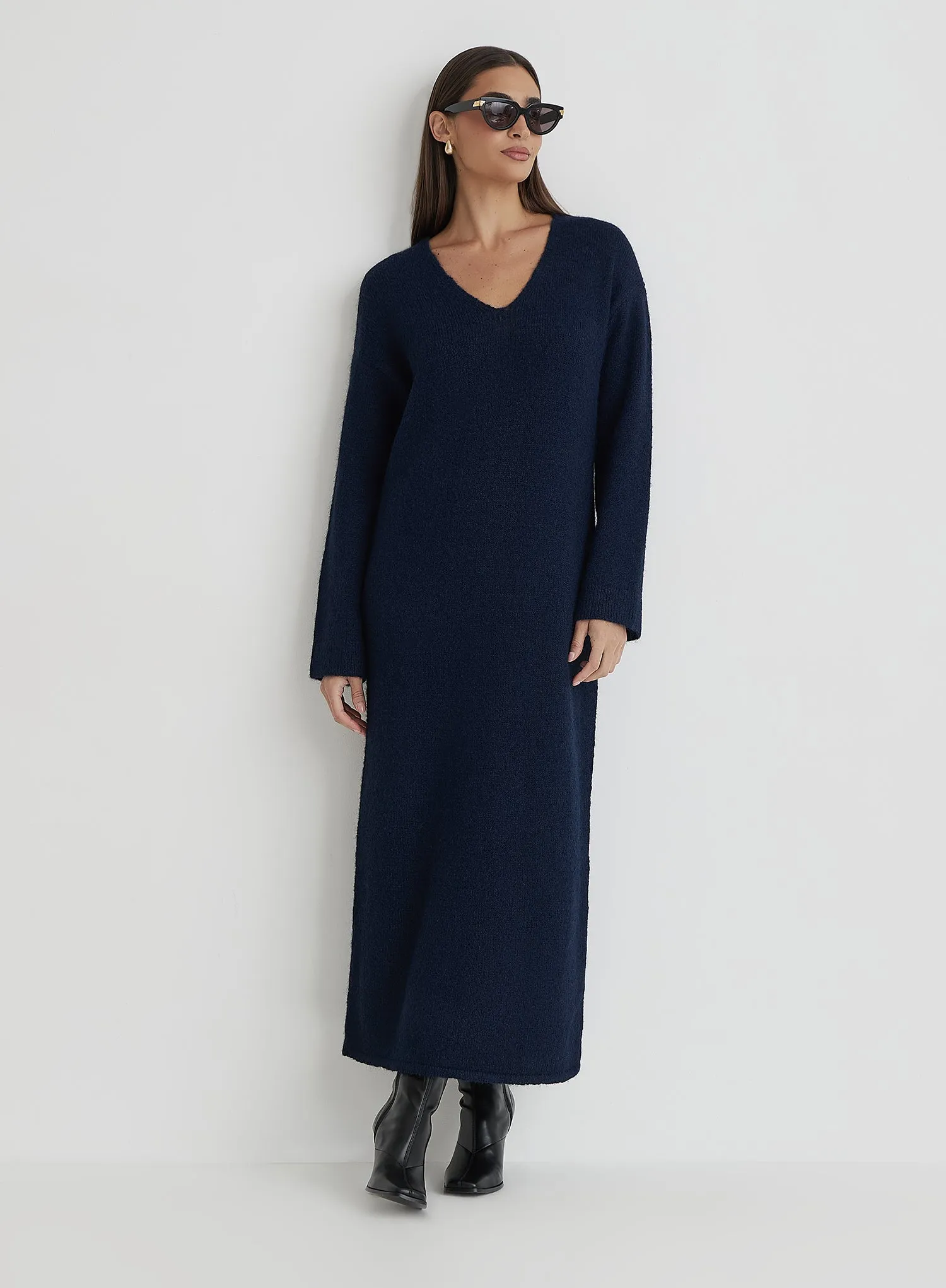 Navy V Neck Knitted Maxi Dress sold by 4th and Reckless